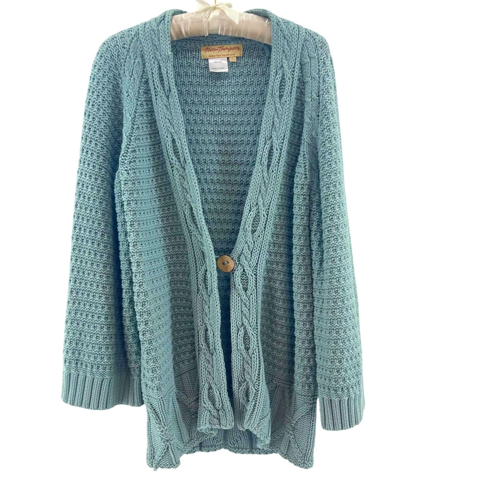 Norm Thompson Chunky Knit Cardigan Sweater Womens L Blue Cotton Cable Fisherman